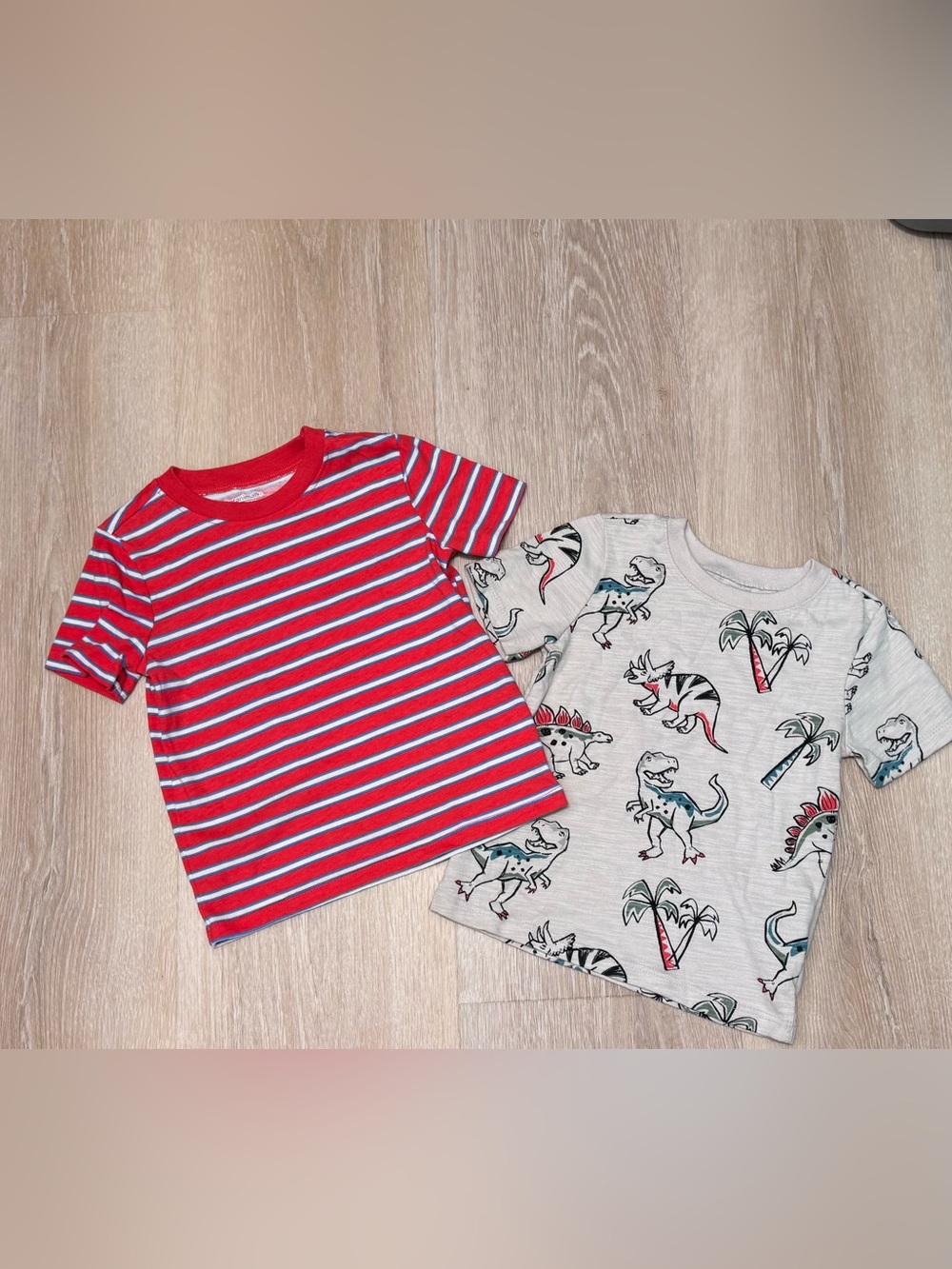 Kids Red Stripe Short-Sleeve Tee and Cream Dino Print Tee - Set of 2